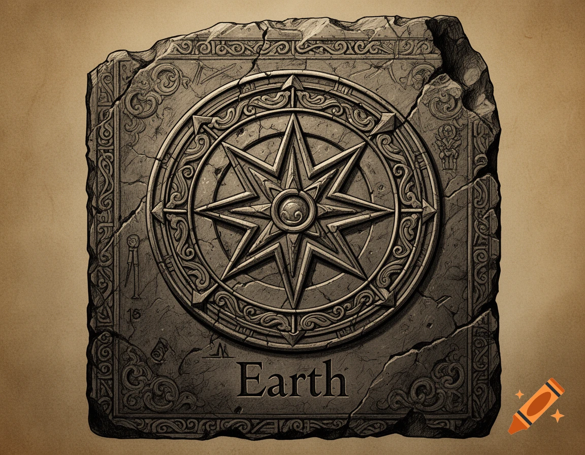 Medieval stone carving depicting the Stargate earth symbol with the word Earth inscribed below, in a vintage sketch style.