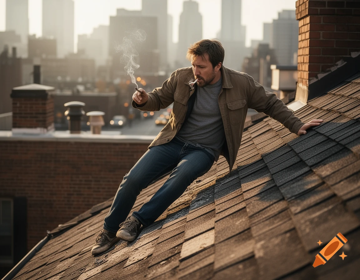 Photorealistic image of a man smoking a joint while slipping on a city rooftop.