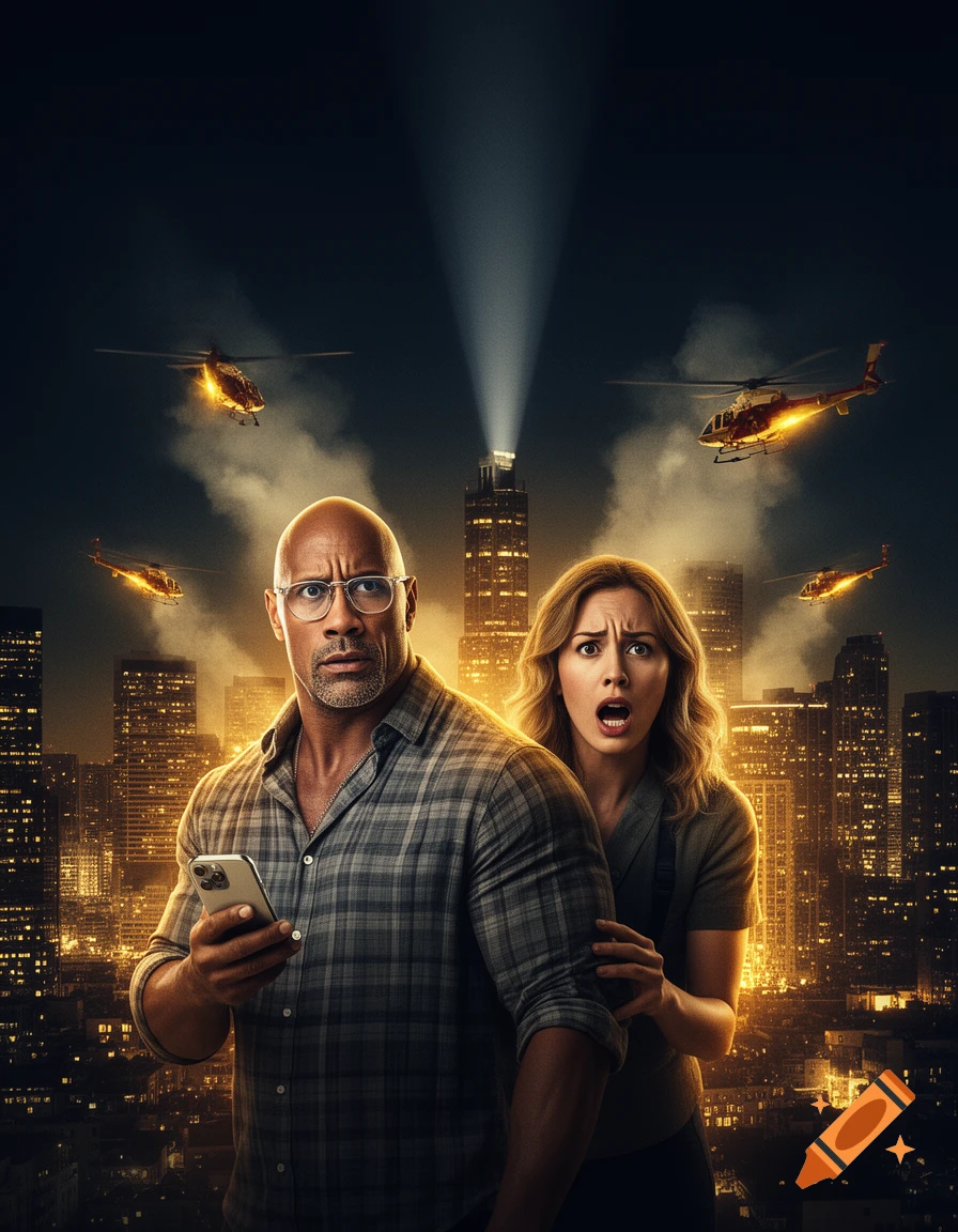 Cinematic action movie poster featuring Dwayne Johnson and Vanessa Kirby against a dark, glowing city skyline with rescue helicopters.