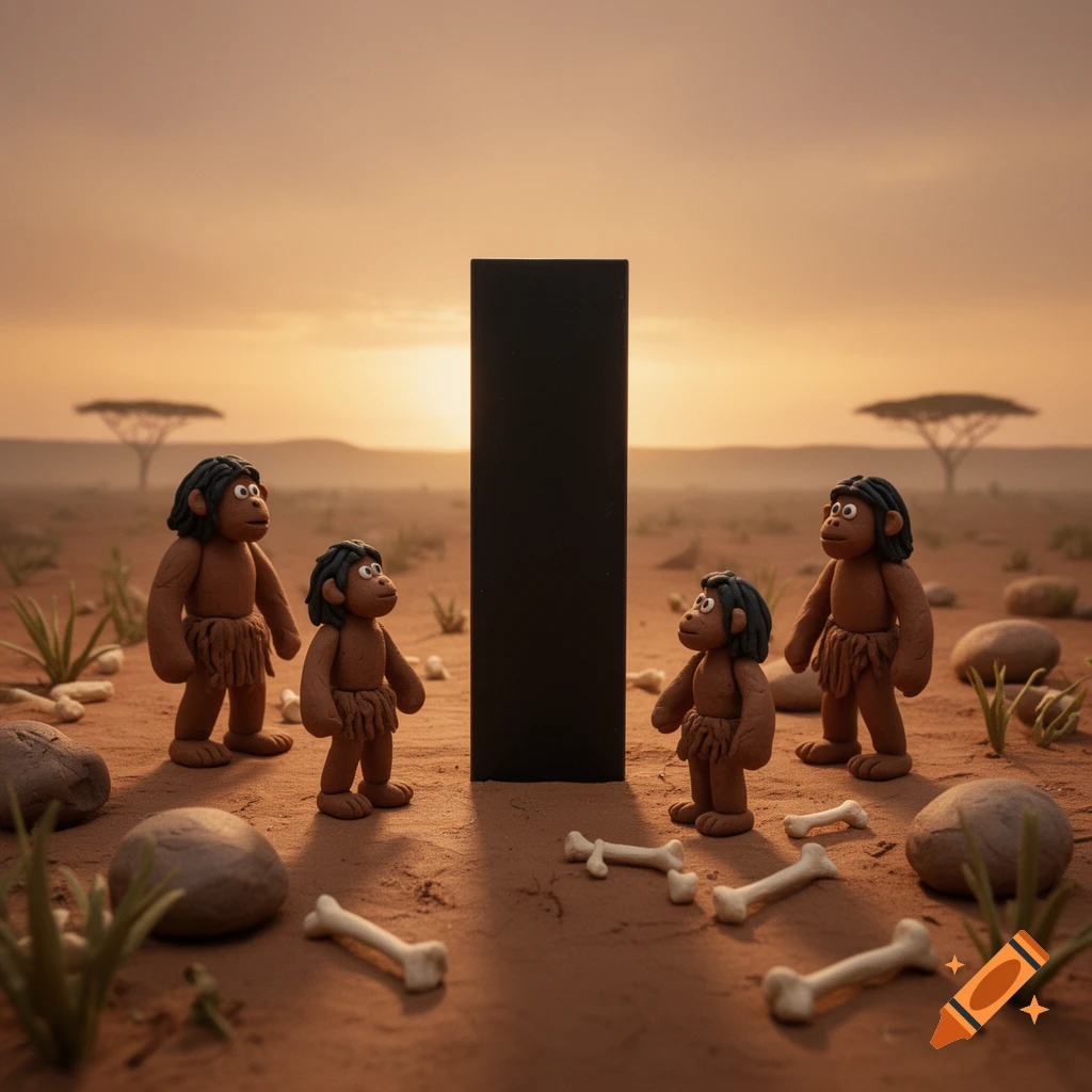 Plasticine diorama of primitive hominids gathered around a black monolith in a desert landscape at sunset, 2001 Space Odyssey style.