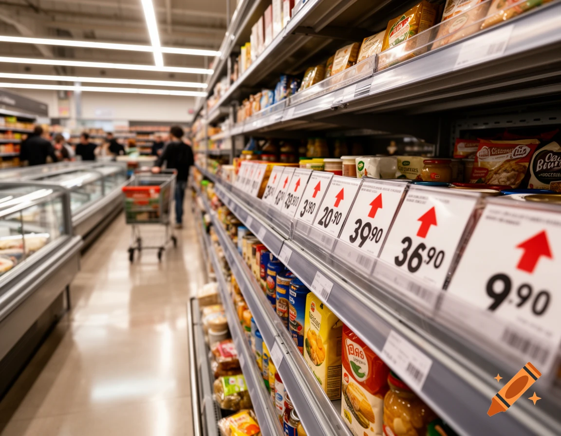 Photorealistic grocery store aisle with price tags showing price increases on shelves.