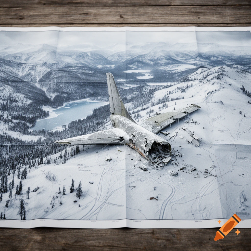 A snowy winter map spread on a wooden table, featuring a broken airplane tail emerging from a snow-covered mountain landscape.