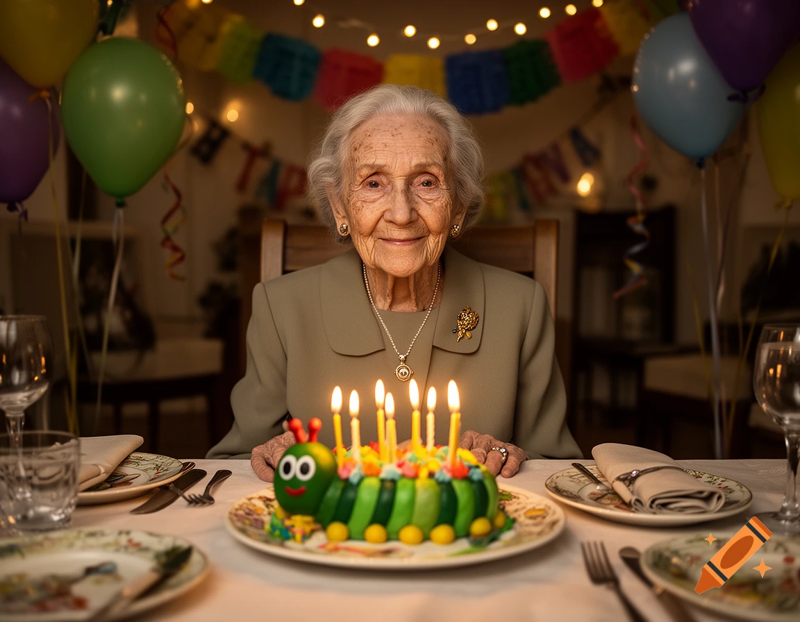 Photorealistic image of a smiling elderly woman sitting at a birthday table with a caterpillar cake and lit candles, surrounded by festive decorations.