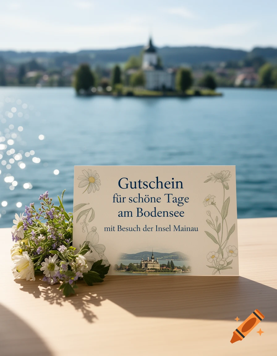 A postcard for a trip to Lake Constance sits on a wooden table next to a bouquet of flowers, with a lake and island in the background.