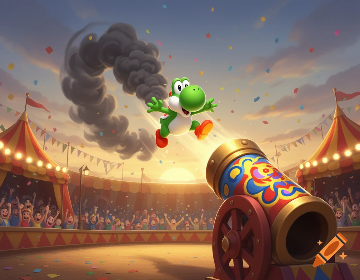 Yoshi flying out of a circus cannon into the sky with a smoke trail, digital art style.