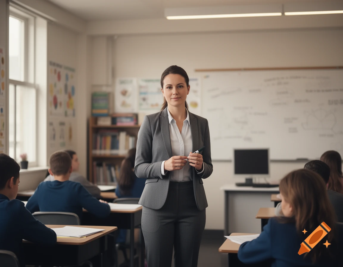 Photorealistic image of a female teacher in a grey suit standing in front of a classroom with students.