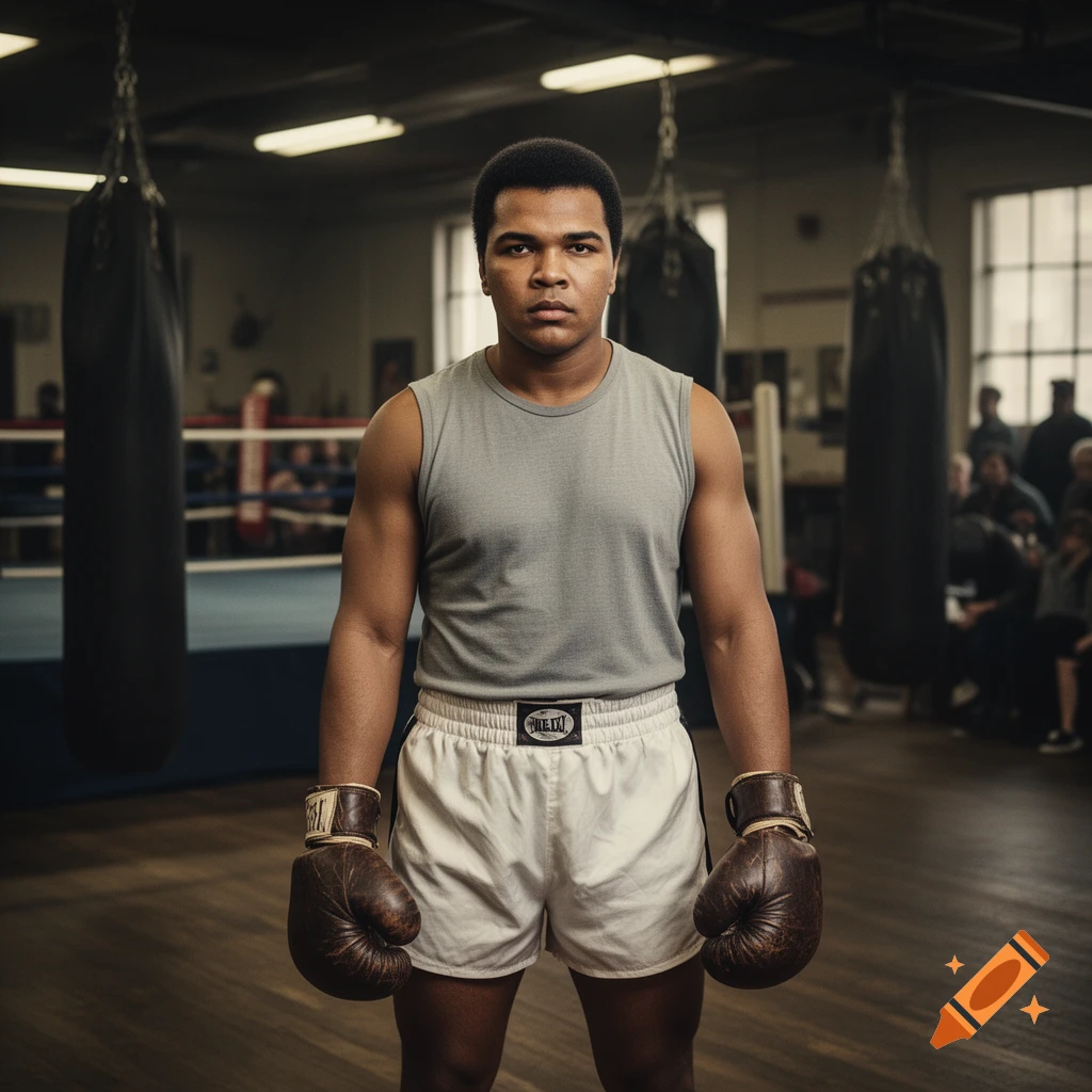 Photorealistic portrait of young boxer resembling Muhammad Ali standing in a boxing gym with punching bags.