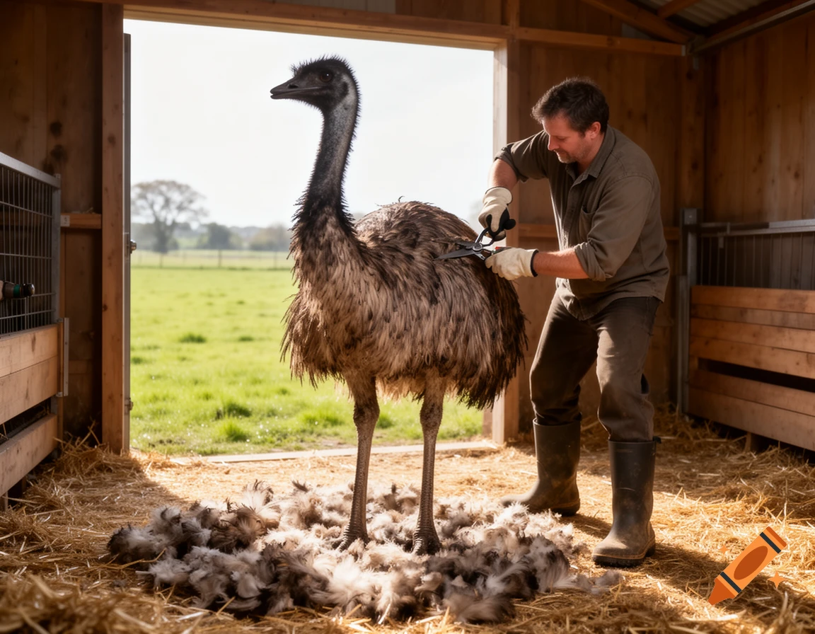 Photorealistic image of a farmer shearing an emu in a wooden barn, with piles of feathers on the straw-covered floor.
