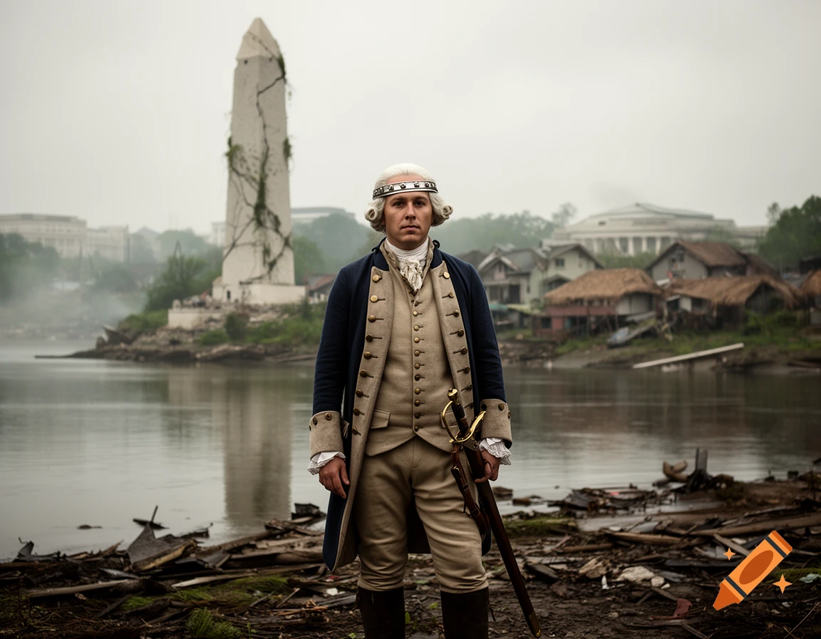 Photorealistic image of a man in 18th-century American military garb standing by a ruined Washington Monument and river in a post-apocalyptic setting.