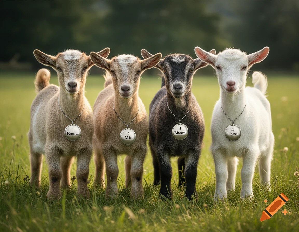 Four baby goats wearing numbered silver medallion necklaces labeled 1 Emma, 2 Mia, 3 Bianca, and 4 Tessa, standing in a green field, photorealistic.