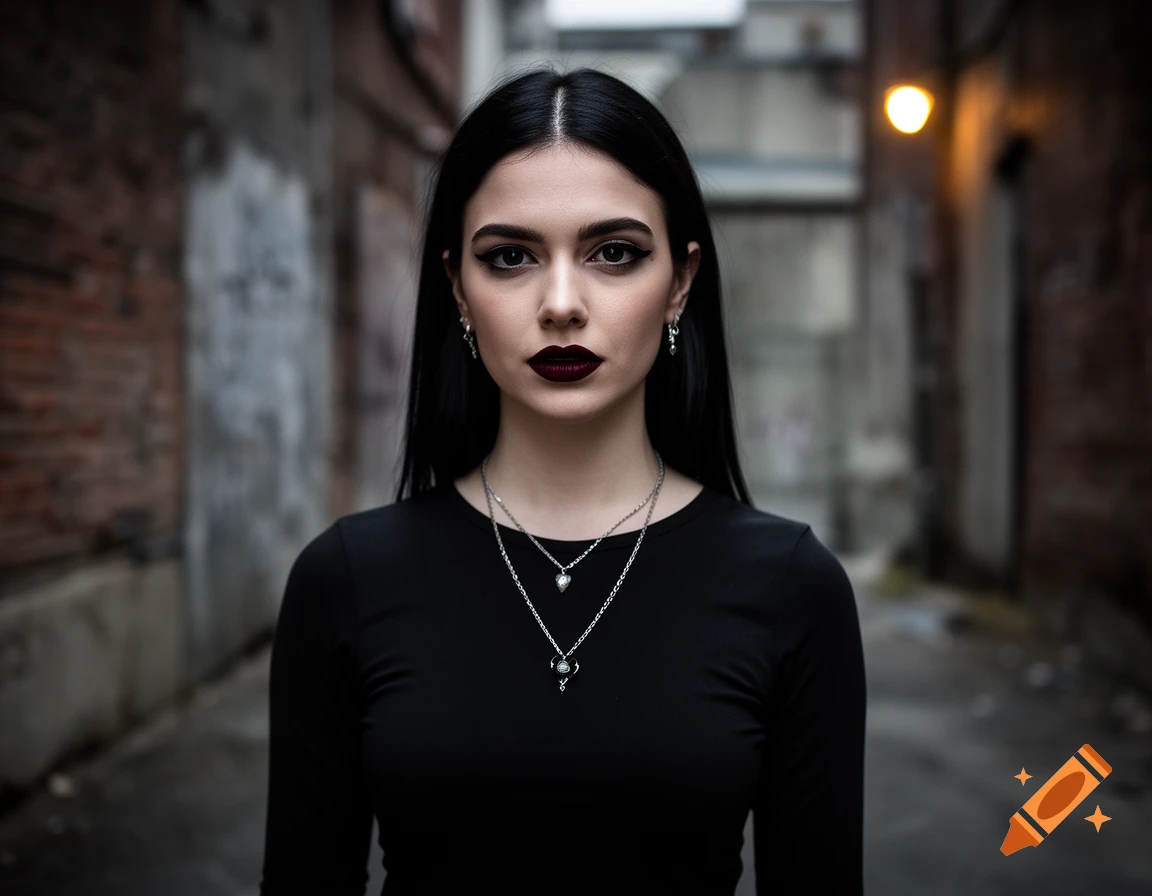 Photorealistic portrait of a young woman with long black hair, dark makeup, and black clothing standing in an alleyway.