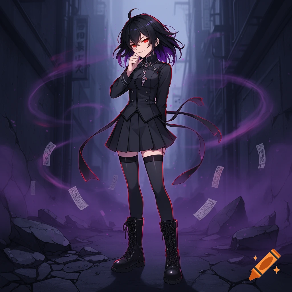 Anime style illustration of a dark-haired girl in a black uniform and boots standing in an alleyway with purple magic effects.