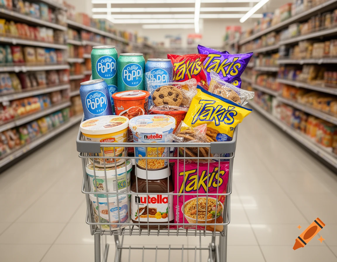 Shopping cart filled with groceries including soda cans, chips, ramen, and cookies inside a supermarket.