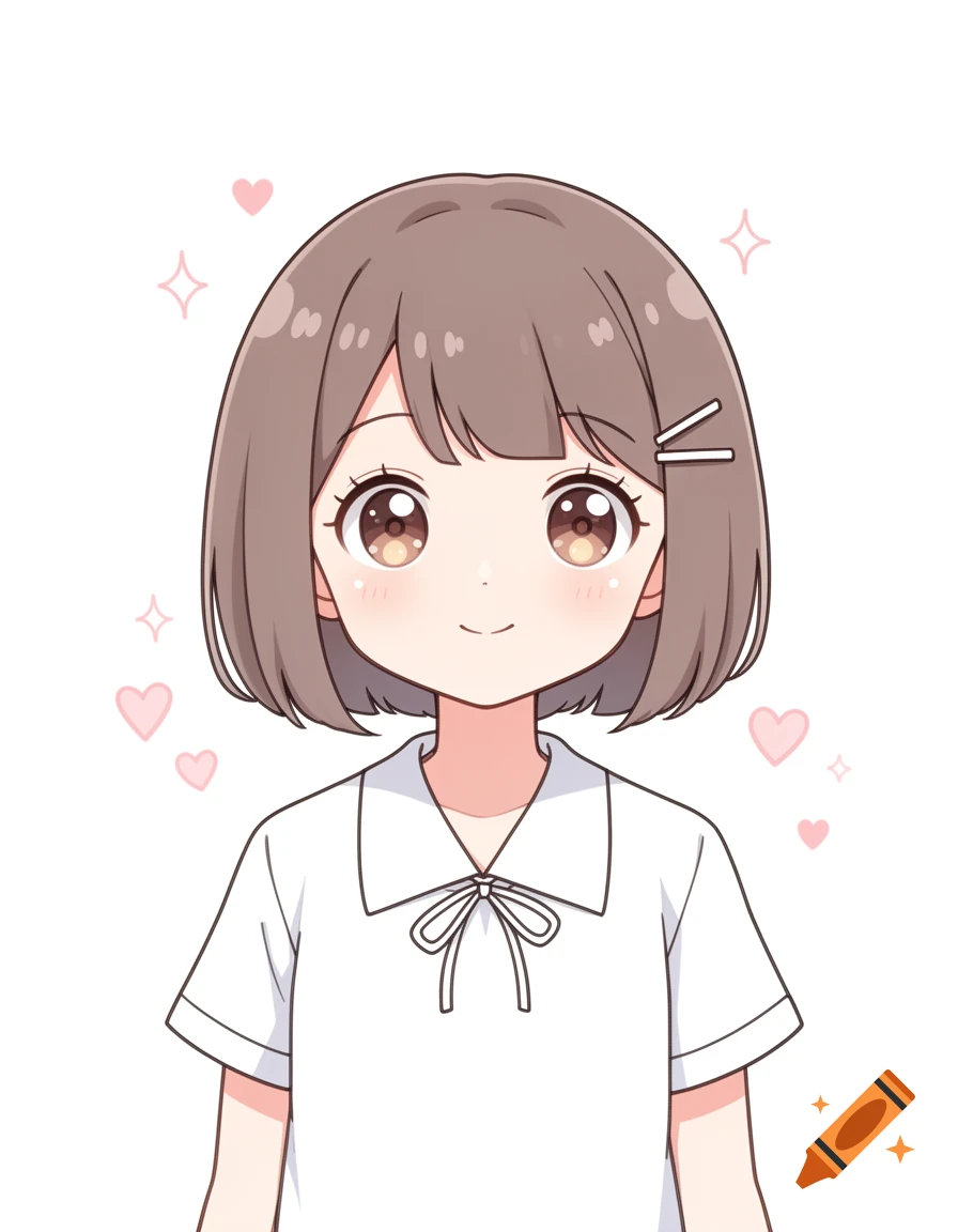 An anime-style digital illustration of a cute short-haired girl with brown eyes and a white shirt, surrounded by hearts and sparkles.