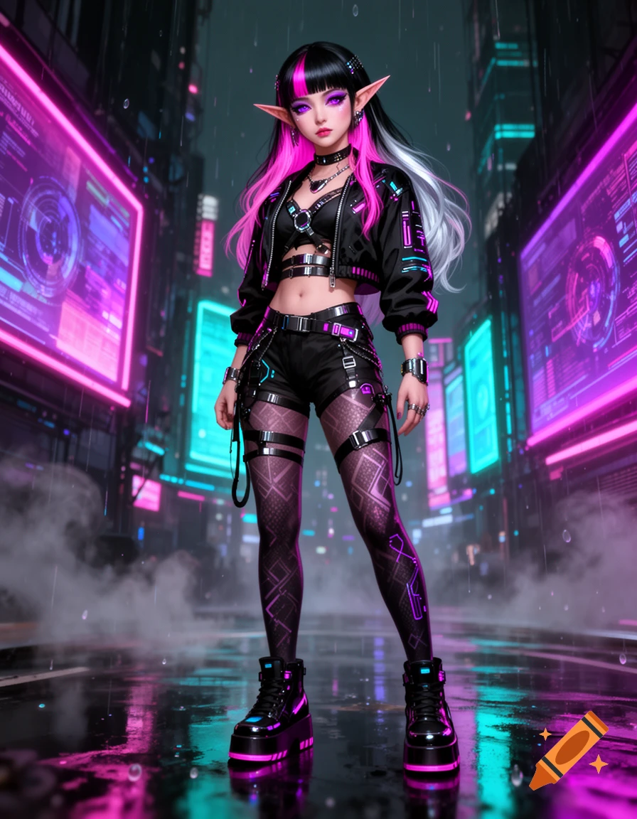 Digital illustration of a 22-year-old female cyberpunk elf with e-girl aesthetics standing in a futuristic city street at night.