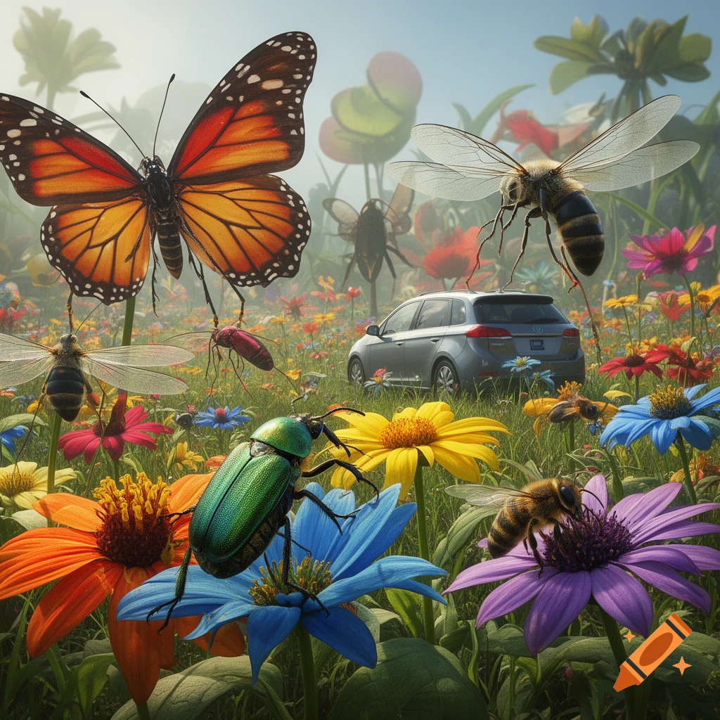 Giant colorful butterflies, bees, and beetles among oversized flowers in a meadow with a minivan in the background.