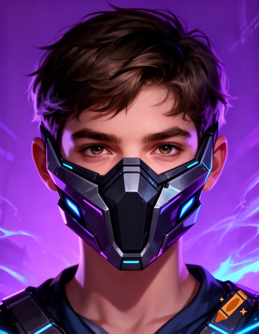 Portrait of a 13-year-old boy wearing a futuristic dark tech mask with glowing blue accents against a purple background.