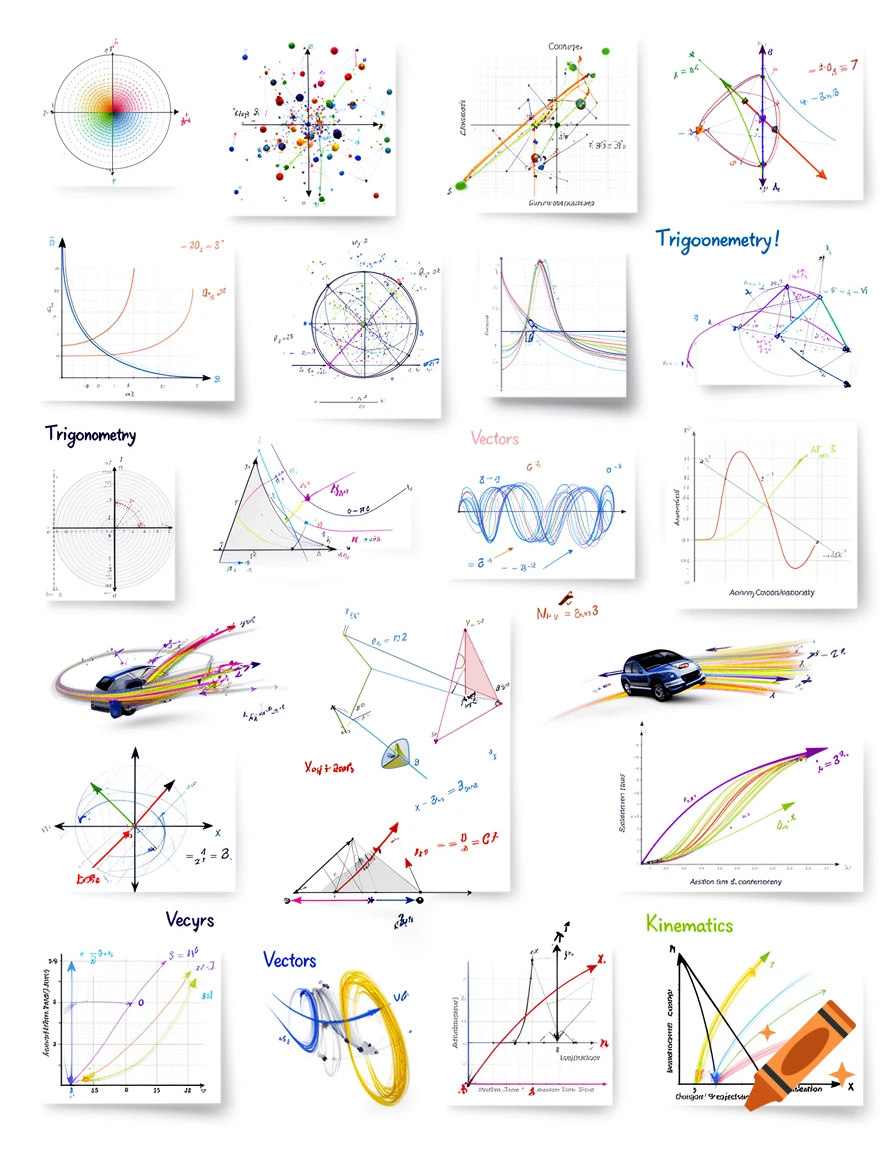 A collage of mathematical diagrams, graphs, and vector charts with gibberish text labels.