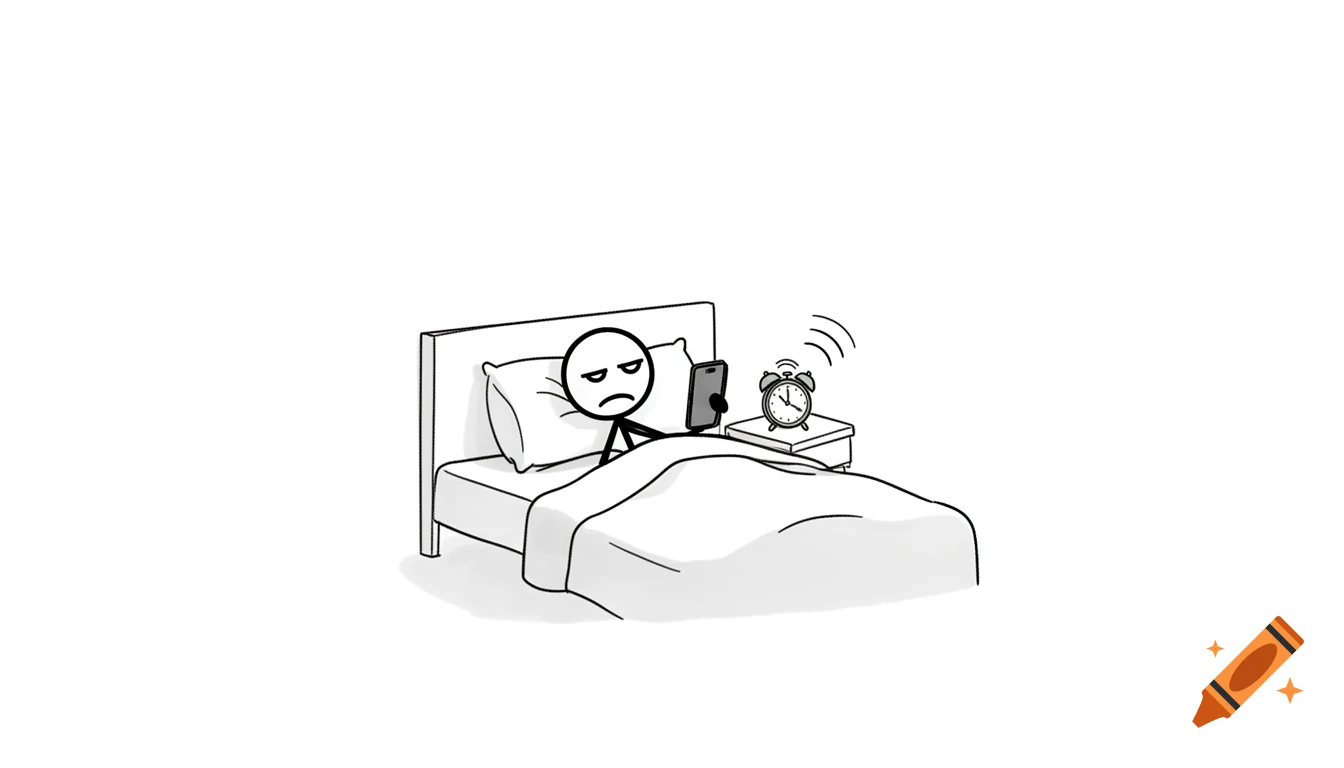 A minimalist black and white stickman lying in bed looking tired next to a ringing alarm clock and a smartphone.