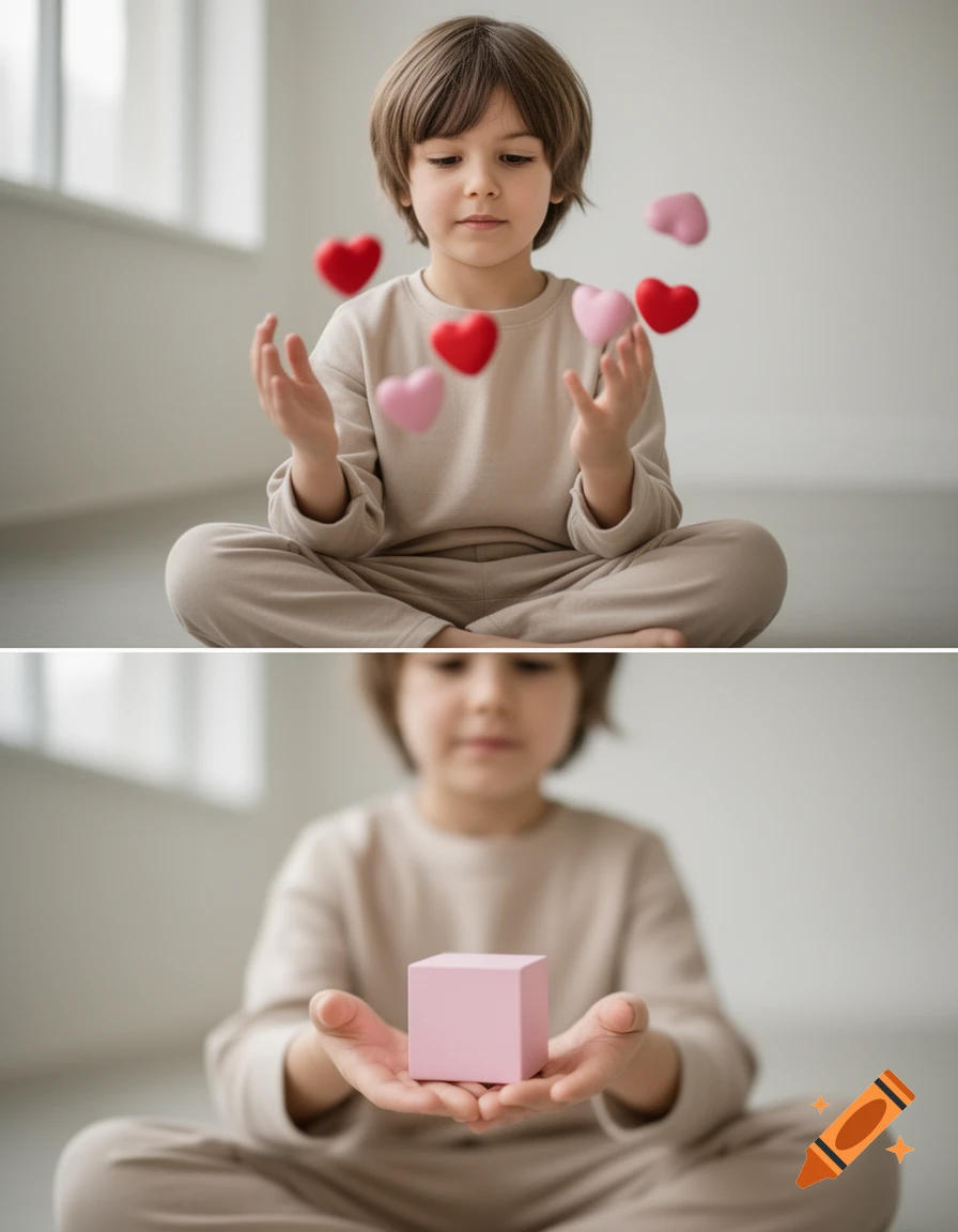Photorealistic composite image of a young child sitting cross-legged, juggling floating hearts in the top frame and holding a pink cube in the bottom frame.