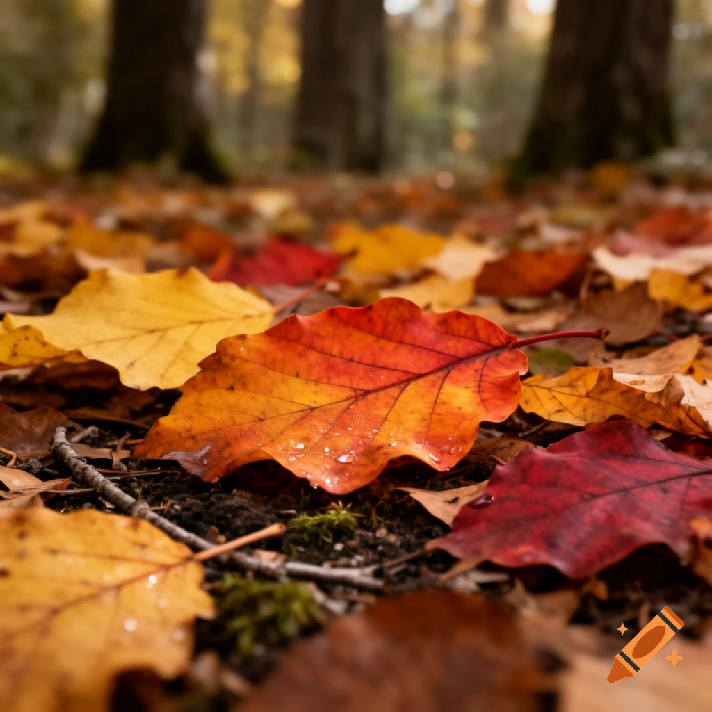 Close-up photorealistic shot of colorful autumn leaves with water droplets on the forest floor.