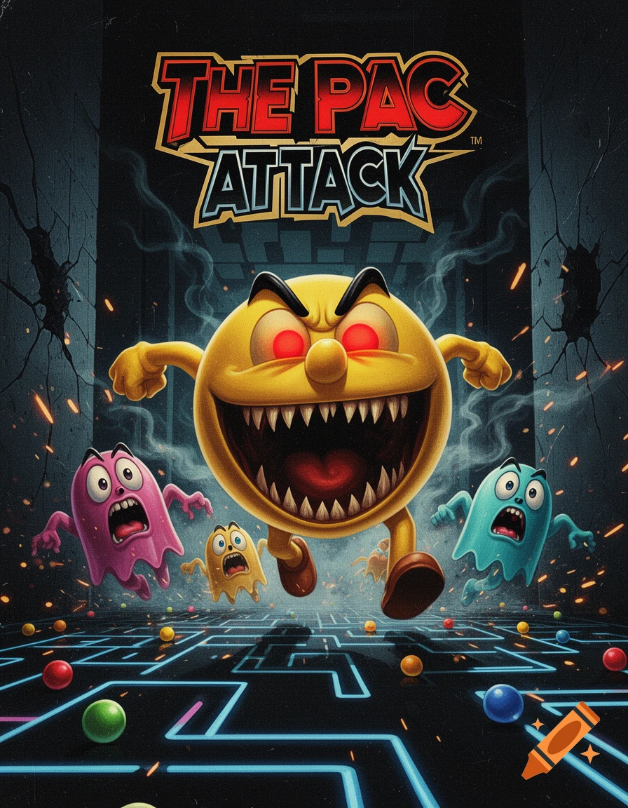 A horror-style movie poster featuring a demonic, angry Pac-Man with sharp teeth and red eyes chasing scared ghosts in a neon maze.
