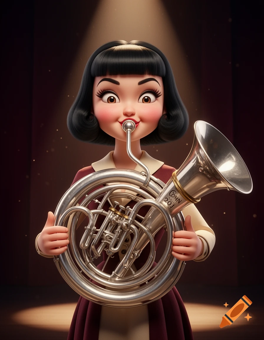 3D render of a woman with a bob haircut puffing her cheeks while playing a brass sousaphone under a spotlight.