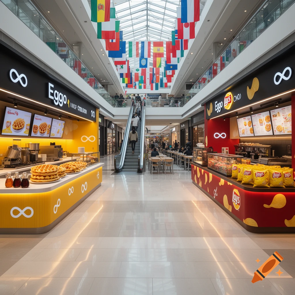 Interior of a modern multi-level shopping mall with restaurants Eggo and Lays, and national flags hanging from the glass ceiling.