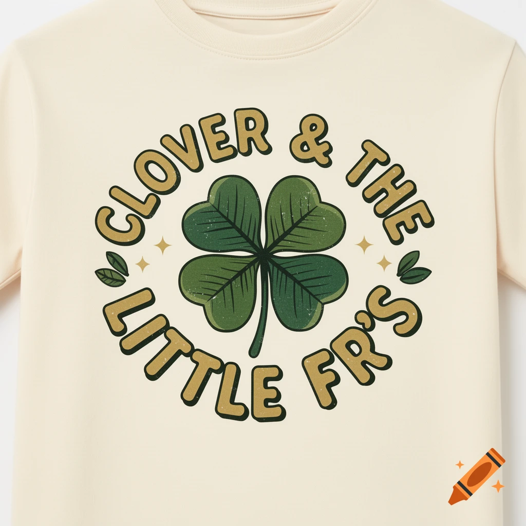 Close-up of a cream-colored t-shirt with a retro-style green four-leaf clover and curved text reading 'CLOVER & THE LITTLE FR'S'.