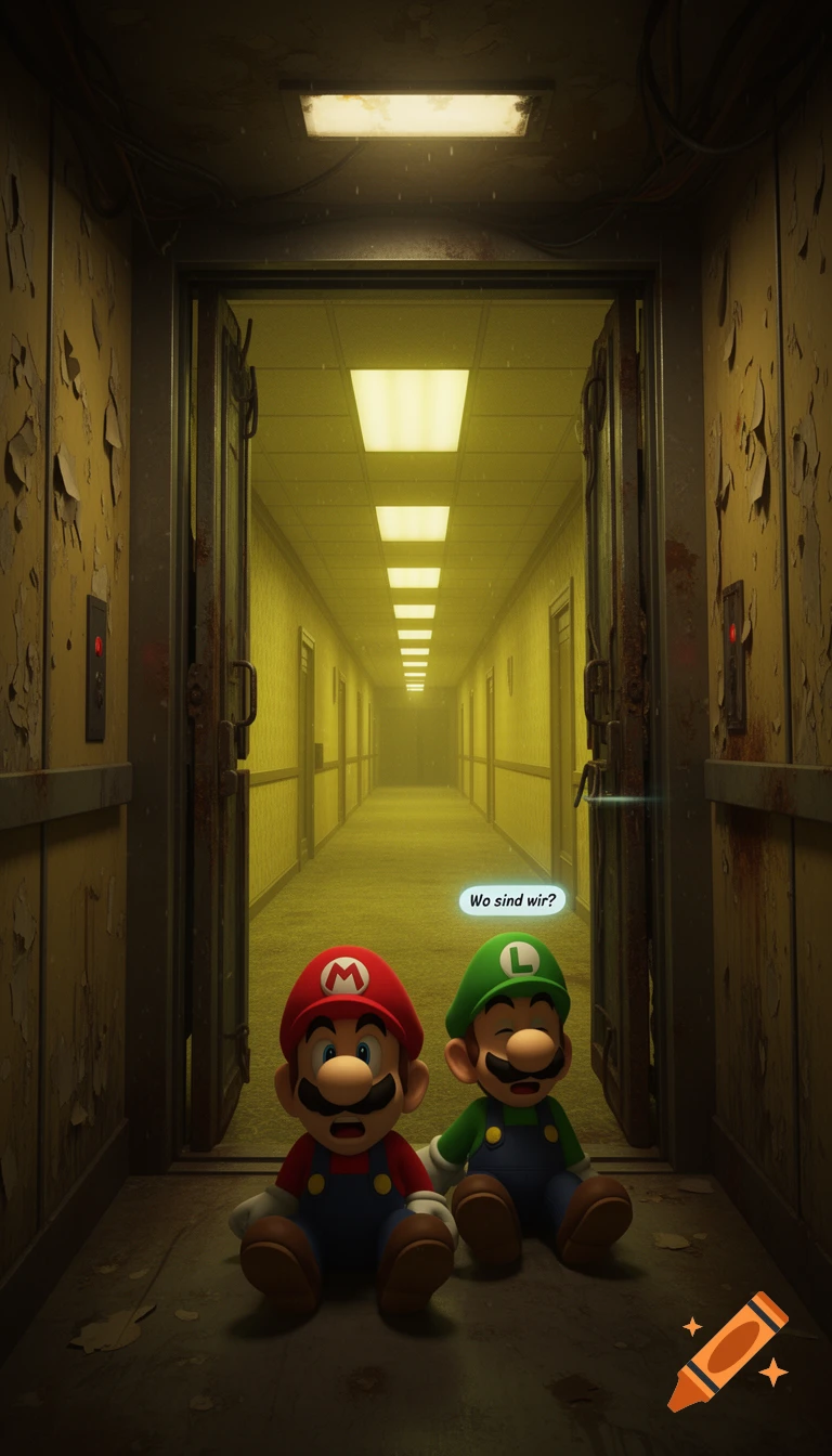 Mario and Luigi sitting on the floor in a rusty, dimly lit elevator opening to a yellow backrooms hallway.