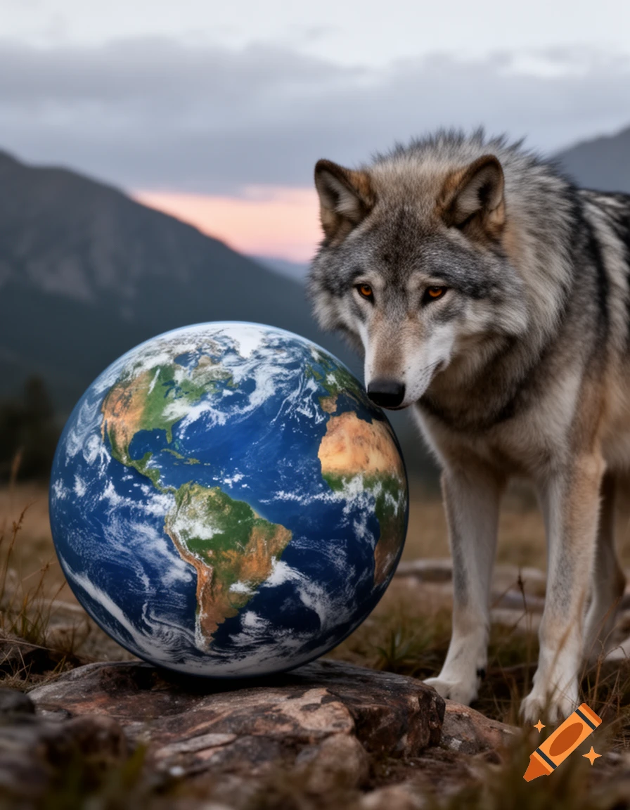 Photorealistic wolf standing beside a glowing globe of the Earth in a mountain landscape.