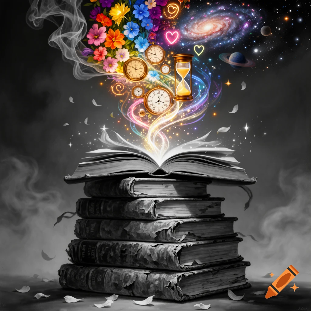 A stack of black and white books with colorful magical elements, flowers, clocks, and a galaxy bursting from the top page.