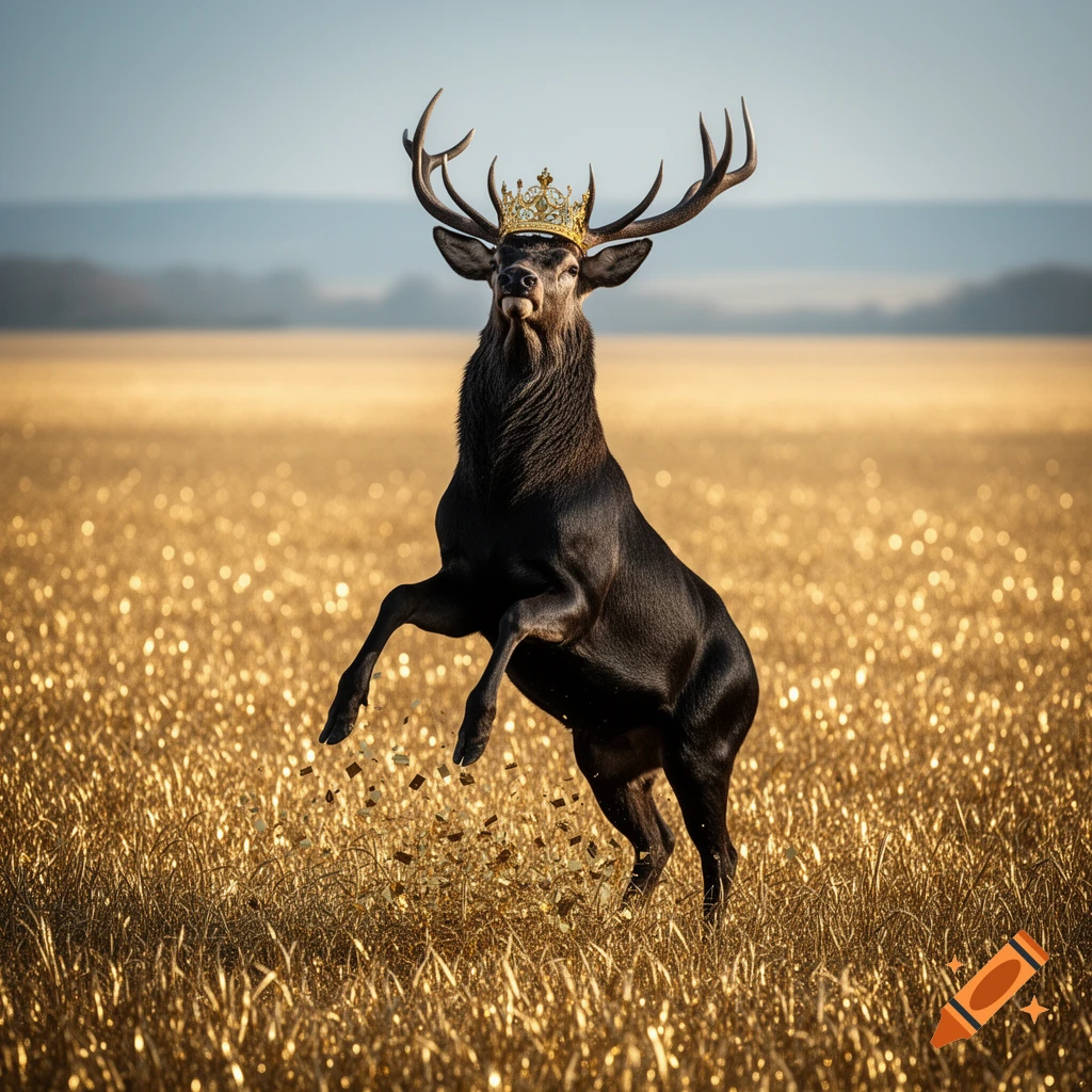 A photorealistic black stag wearing a gold crown, rearing up in a field of glowing gold grass.