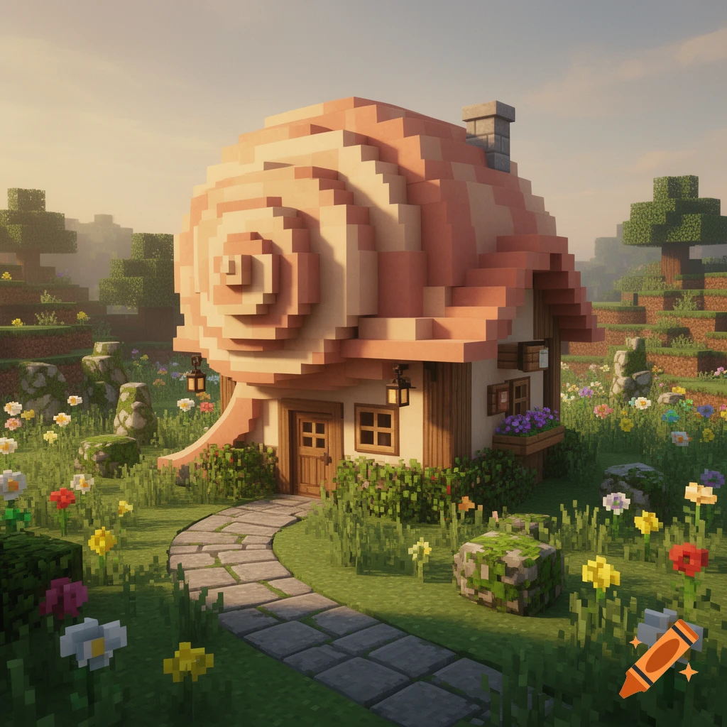 Minecraft-style concept of a house shaped like a pink snail shell in a grassy field with flowers and a stone path.