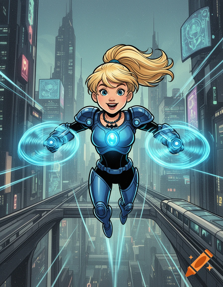Vintage cartoon illustration of a blonde teenage girl in blue futuristic armor flying above a futuristic city.