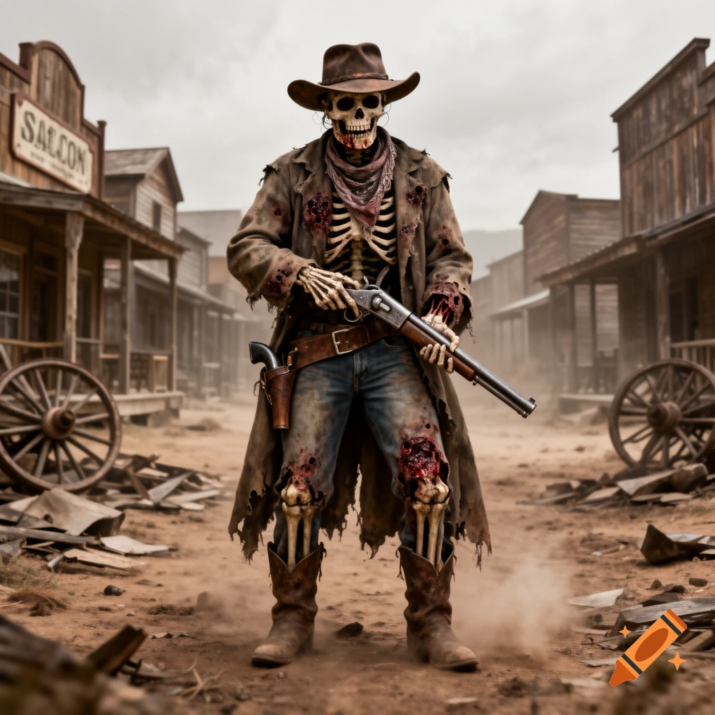 Photorealistic image of a skeleton cowboy in a dusty old western town holding a shotgun.
