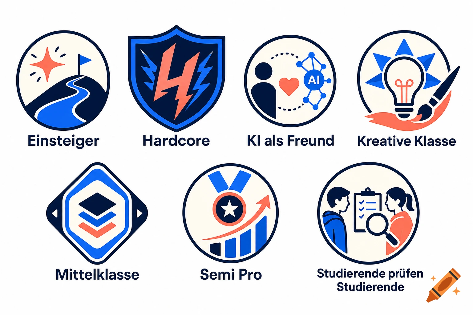 Seven circular and shield-shaped badges with blue and red icons and German text labels representing different levels.