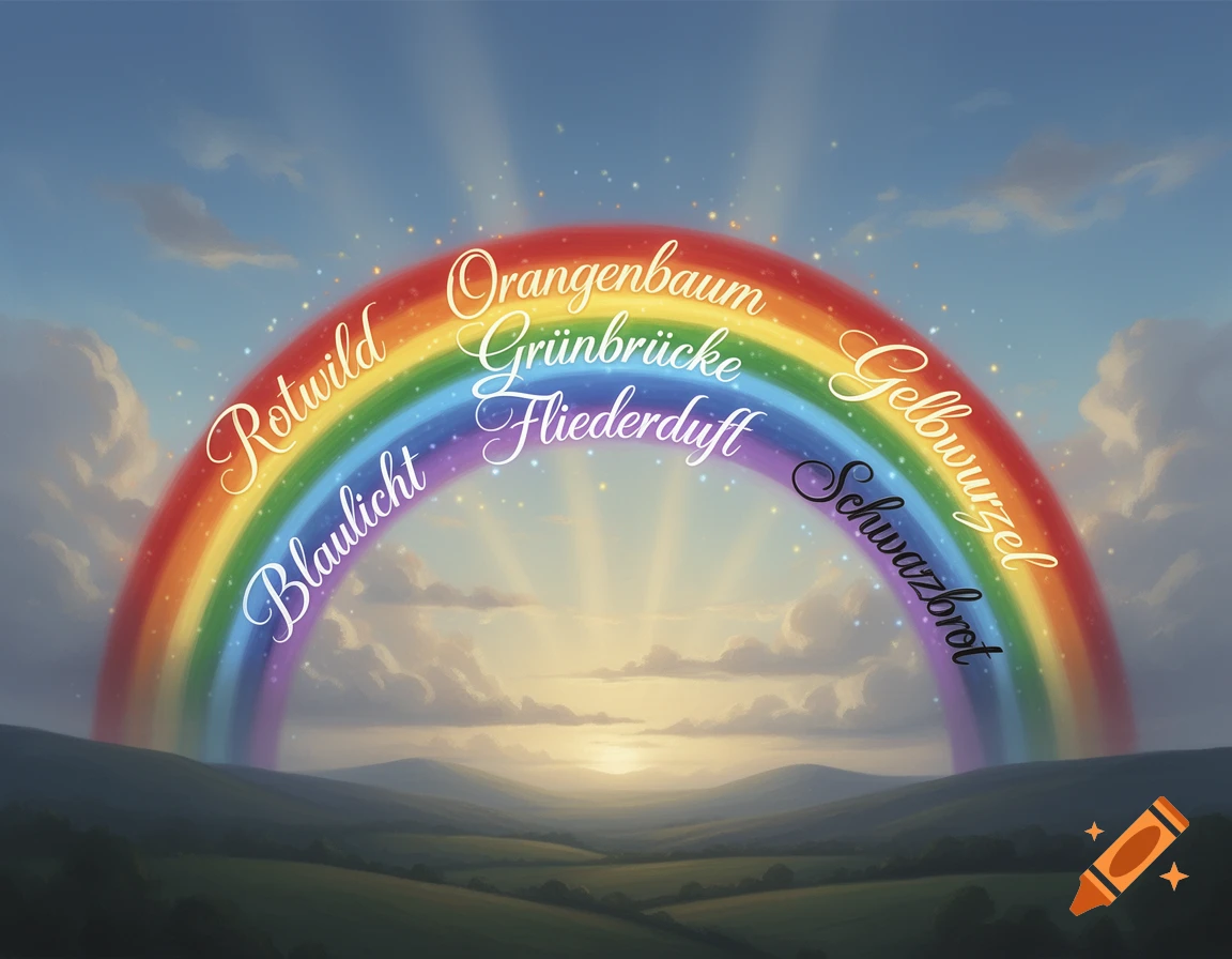 A colorful rainbow arches over a rolling green landscape at sunset, with German words written across the bands.
