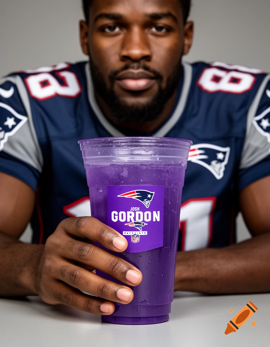 A man wearing a football jersey holding a large purple cup with a branded label, photorealistic portrait.
