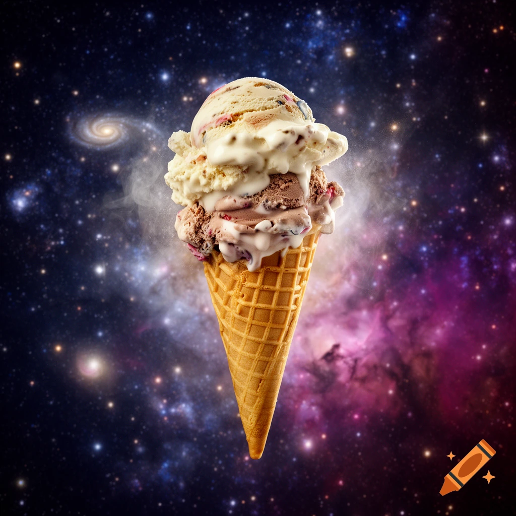 A photorealistic waffle cone with scoops of melting ice cream floating against a starry Milky Way galaxy background.