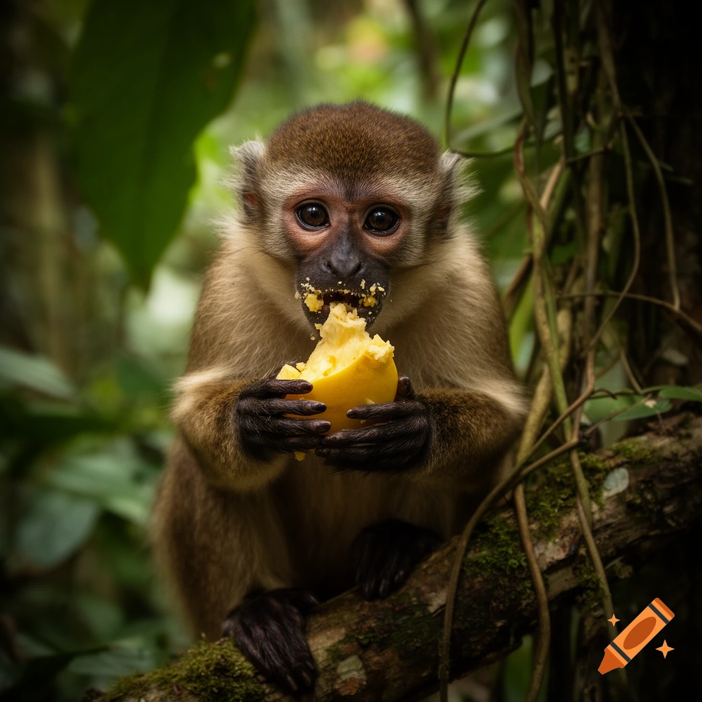 Photorealistic close-up of a small monkey eating a yellow fruit in a lush green jungle.