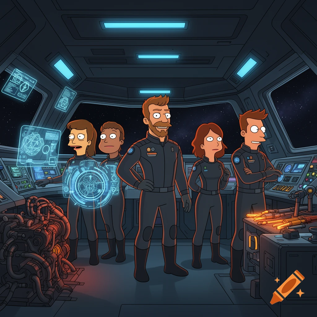 Animated sci-fi crew of four standing inside a spaceship bridge in the style of Futurama.