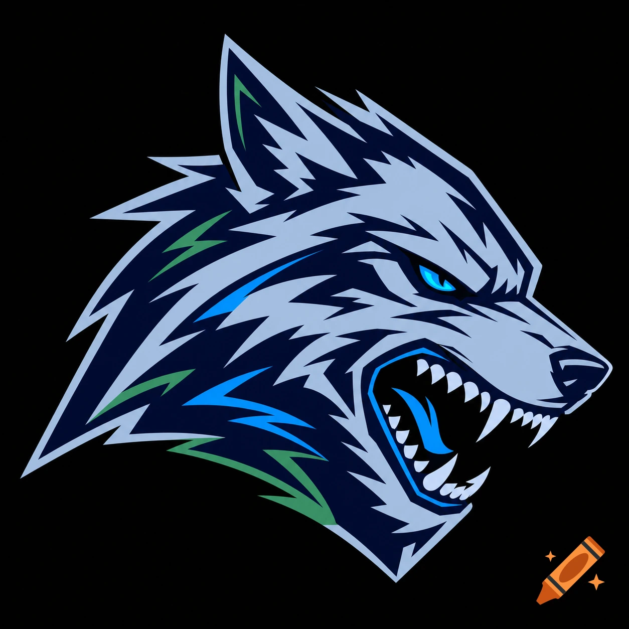 Vector logo of a snarling wolf head in profile with sharp teeth, blue and indigo color scheme, sharp clean lines on a black background.