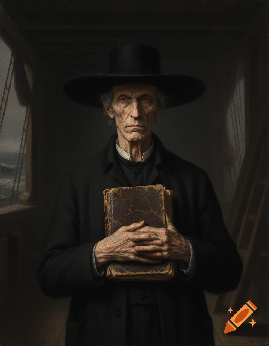 19th-century oil painting portrait of an emaciated Quaker captain holding a Bible, on a ship.