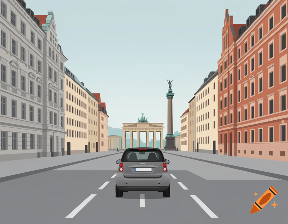 Digital illustration of a grey Smart car driving down a Berlin street towards the Brandenburg Gate and Victory Column.