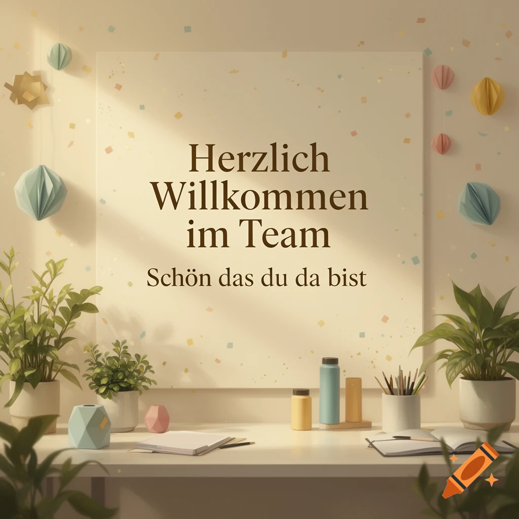 A welcoming office desk setup with plants, notebooks, and a sign that reads Herzlich Willkommen im Team.