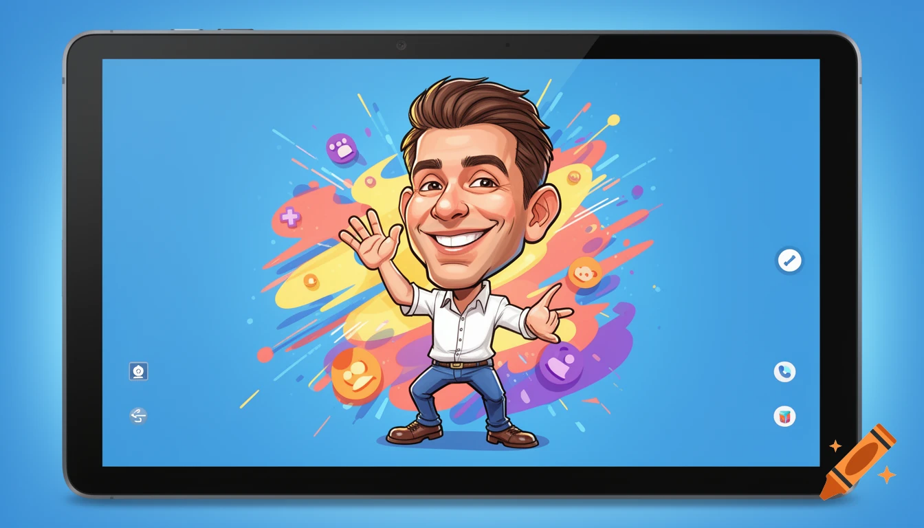 Digital caricature of a smiling man waving on a tablet screen with colorful abstract background.