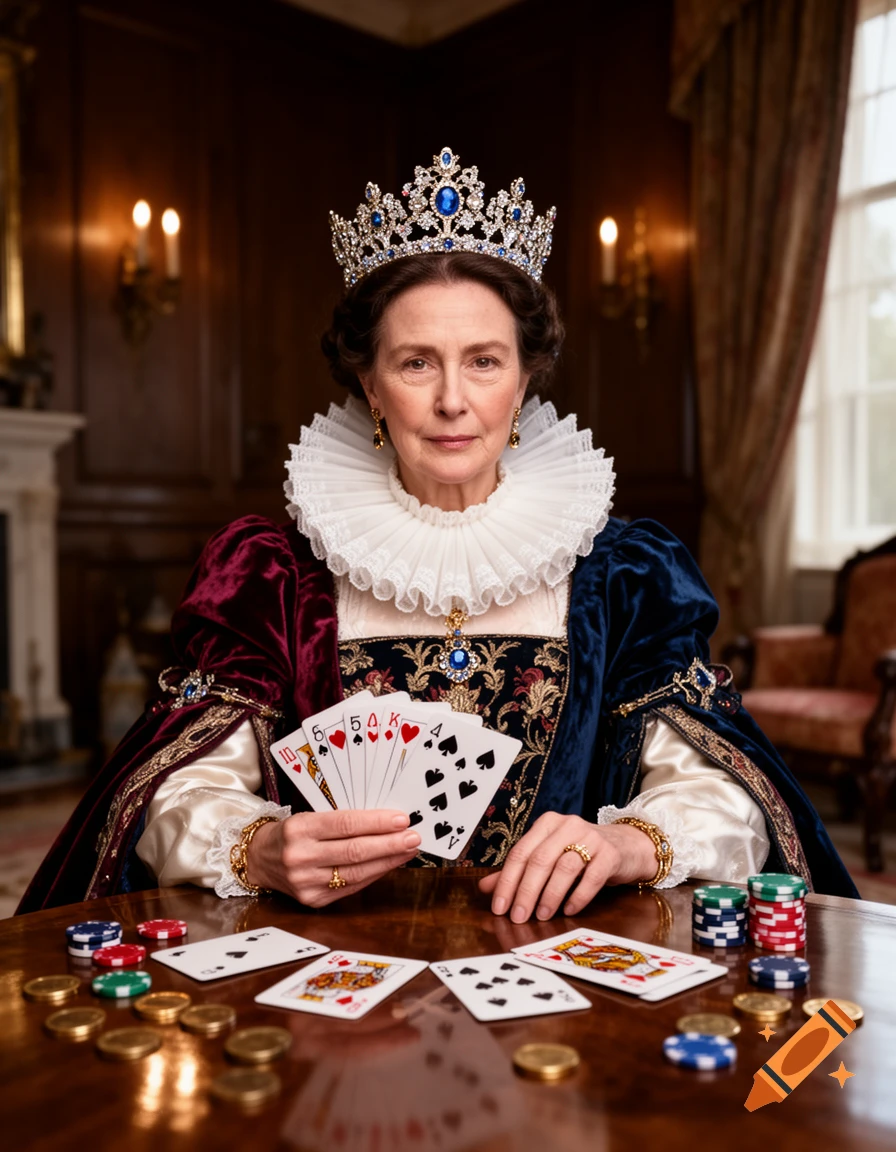 Photorealistic portrait of a queen wearing a crown and ruff collar, holding playing cards at a table with chips.
