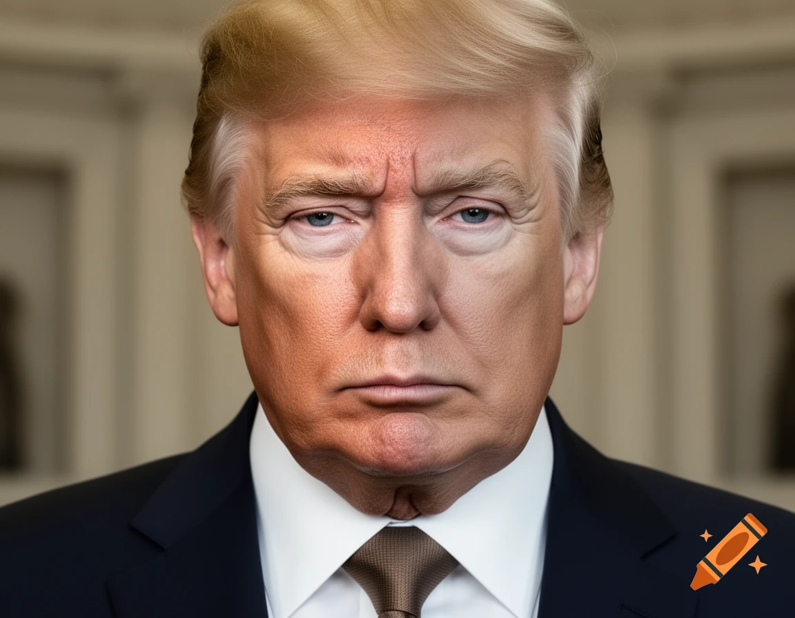 Photorealistic digital portrait featuring a close-up of Donald Trump's face in a formal setting.
