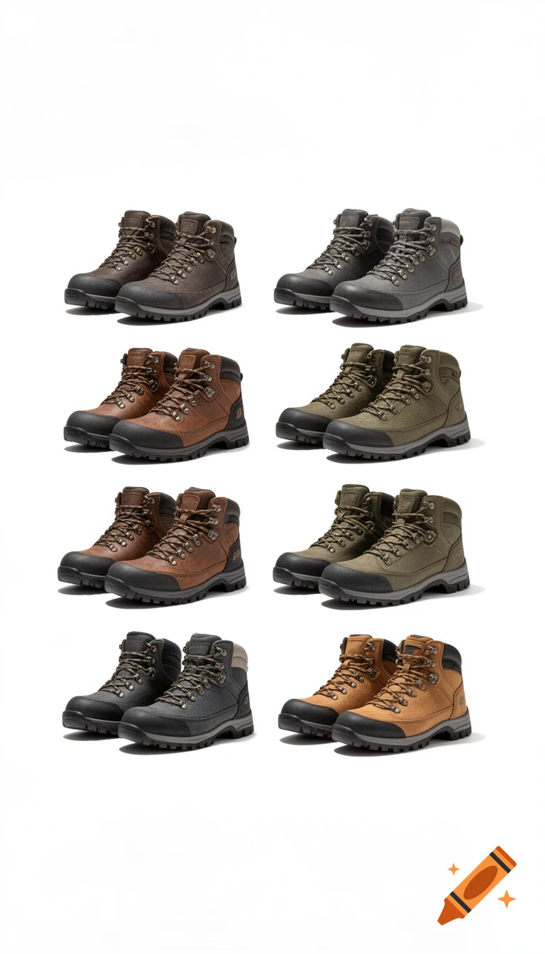 Photorealistic arrangement of eight pairs of hiking boots in different colors on a white background.